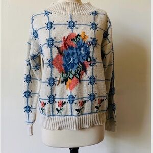 Vintage Floral Mock Neck White Sweater 1990's 90's Floral Preppy Sweater